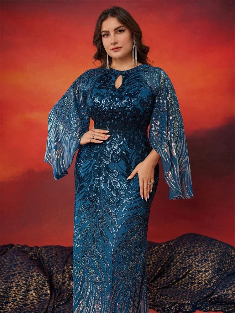Blue sequin V-neck plus size evening gown by Lucy in Love, elegant long-sleeve formal dress for women, floor-length party attire.