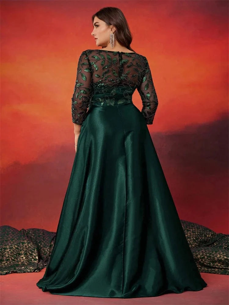 Plus size green sequin evening dress by Lucyinlove, long sleeve satin gown with elegant O-neck for parties and formal events.