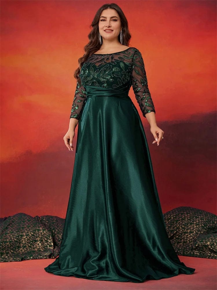 Plus size green sequin evening dress by SHOWLU FASHION STORE, long sleeve satin gown with elegant O-neck for parties and prom.