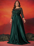 Plus size green sequin evening dress by SHOWLU FASHION STORE, long sleeve satin gown with elegant O-neck for parties and prom.