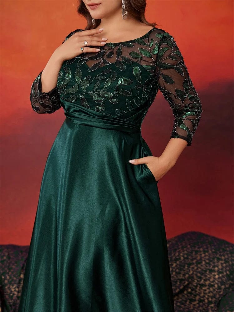 Plus size green sequin evening dress by SHOWLU FASHION, long sleeve satin gown with elegant o-neck for party and prom events.