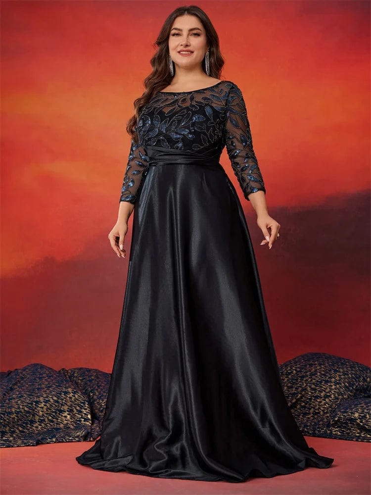 Plus size green sequin evening dress by Lucyinlove, long sleeve satin gown for women, elegant party and prom attire