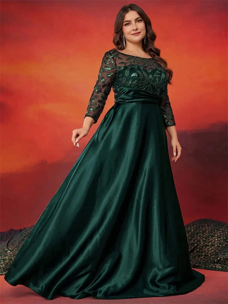 Lucyinlove plus size green sequin evening dress with long satin sleeves, elegant O-neck design, suitable for formal events and parties.