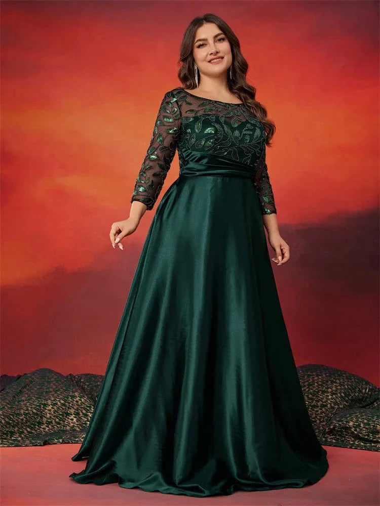 Plus size green sequin evening dress by SHOWLU FASHION STORE, long sleeve satin gown with elegant O-neck design for formal events.