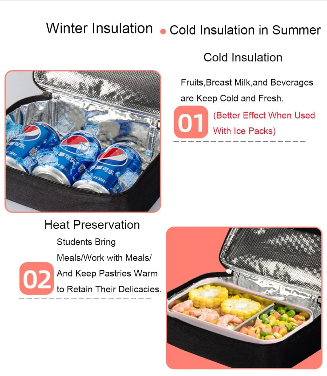 Showlu small insulated lunch bag in black with Oxford cloth exterior, portable thermal cooler box for work or picnics.