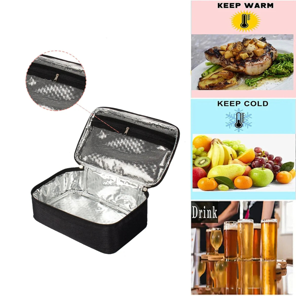 Showlu small insulated lunch bag in black with Oxford cloth, portable thermal cooler box for work, picnic, or snacks.