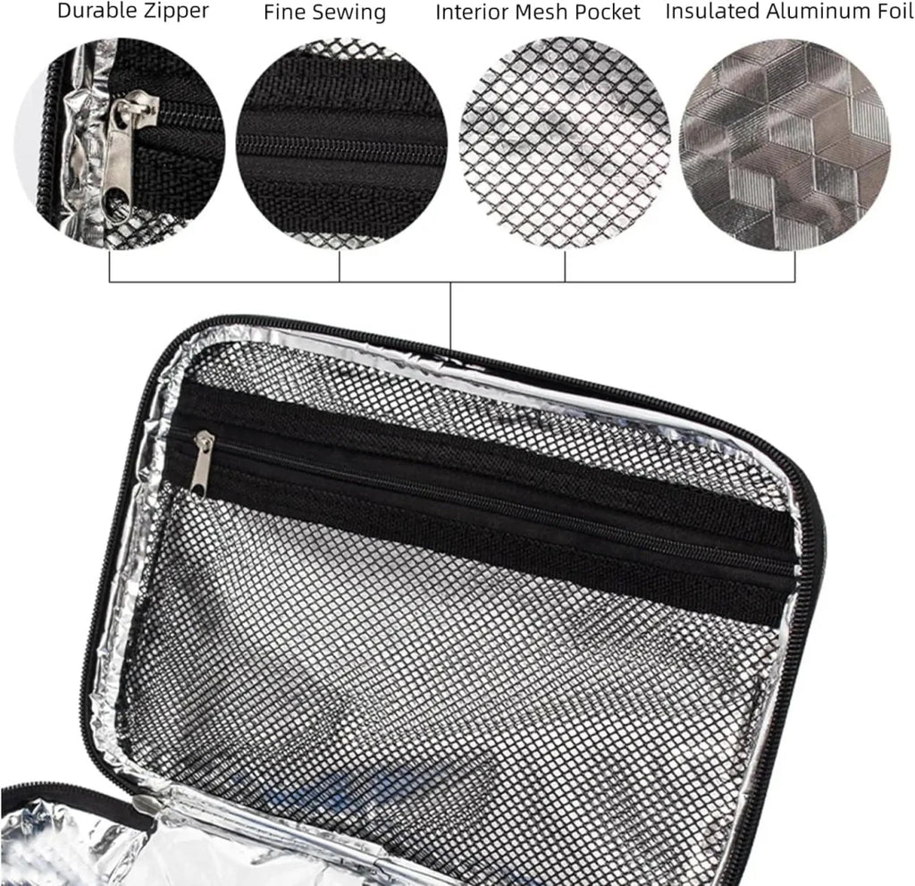 Small black Showlu insulated lunch bag with Oxford cloth exterior, portable thermal cooler box for work, picnics, and snacks.