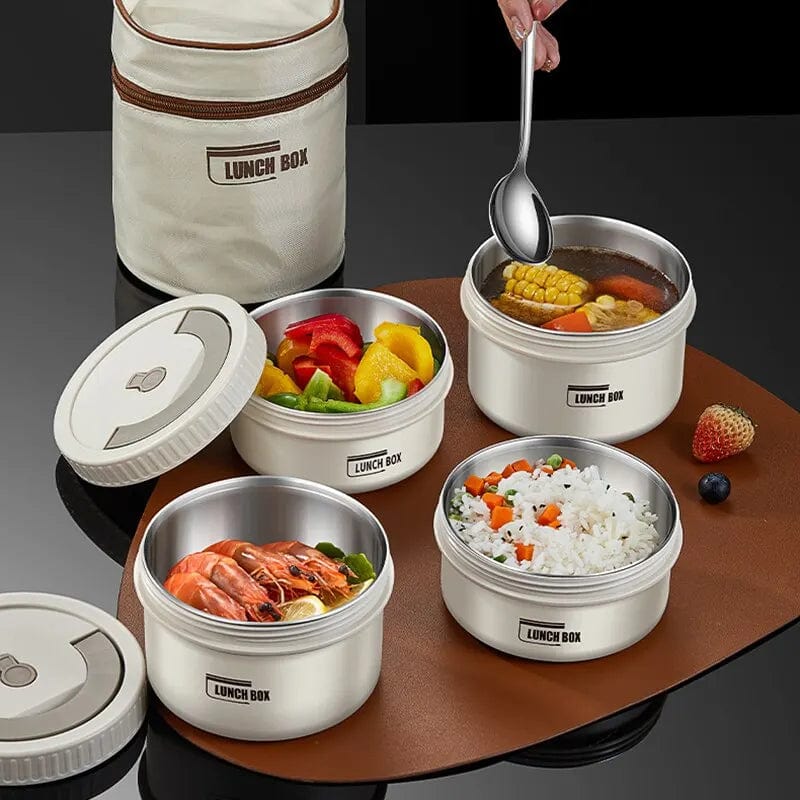 Stackable stainless steel bento lunch box with insulated, leakproof design, perfect for portable, eco-friendly meal storage.
