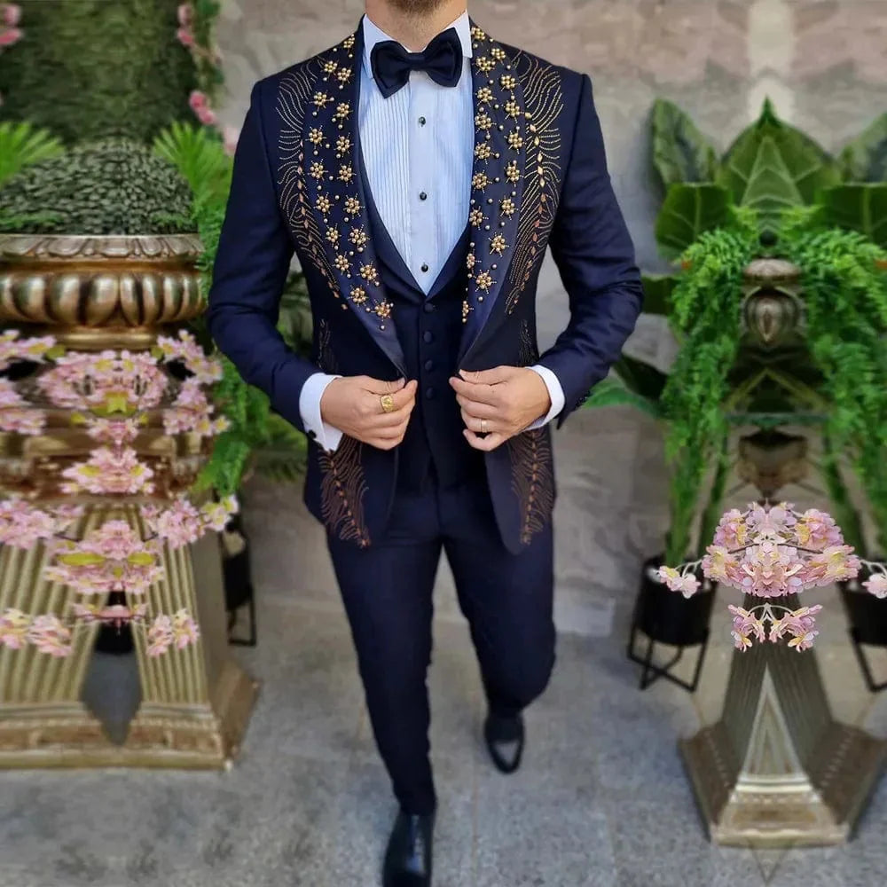 Luxurious LC.TJWORID men's 3-piece beaded tuxedo suit with blazer, vest, and pants, perfect for wedding and formal occasions.