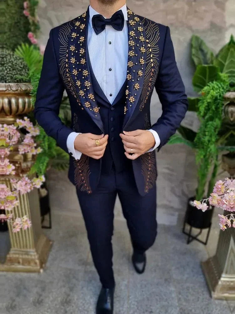 Luxury men's 3-piece beaded tuxedo by SHOWLU FASHION STORE featuring slim fit blazer, vest, and pants for formal weddings and events.