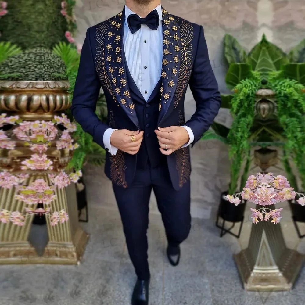 LC.TJWORID men's 3-piece beaded tuxedo suit with blazer, vest, and pants, featuring luxurious beadings for formal weddings or prom.