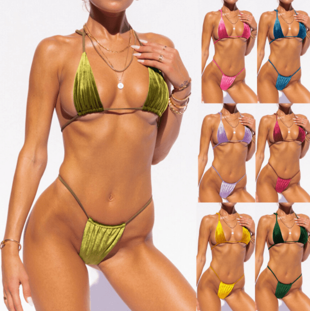 Luxurious gold velvet three-point bikini by Showlu Fashion, featuring a halter split swimsuit with elegant design and minimal coverage.