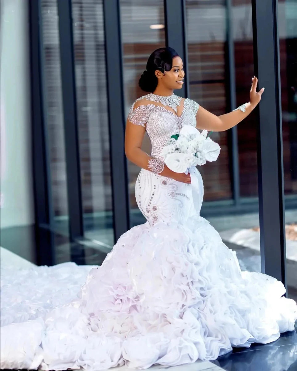 LoveYing mermaid wedding dress with long sleeves, crystal beaded organza gown for brides, featuring tiered design and elegant details.