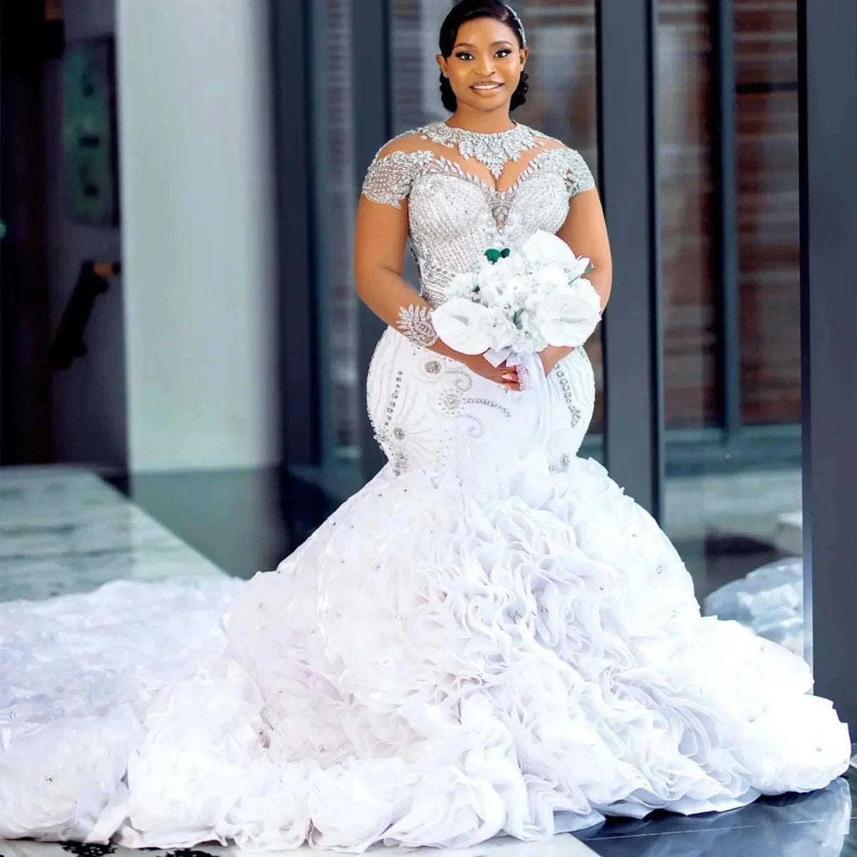 LoveYing mermaid wedding dress with long sleeves, crystal beads, and organza fabric, perfect for bridal and African aso ebi occasions.