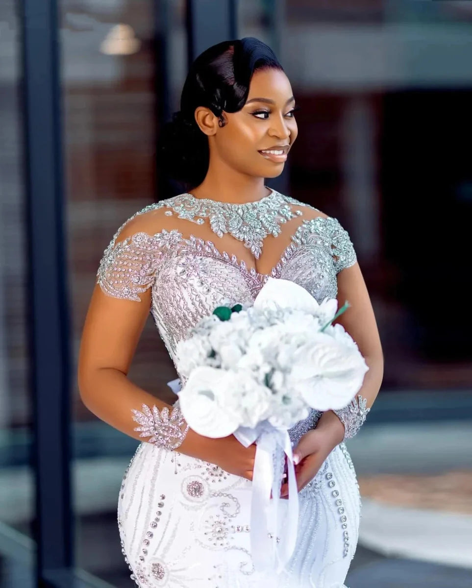 LOVEYING Mermaid wedding dress by SHOWLU FASHION with long sleeves, crystal beads, organza fabric, and a tiered design for brides.