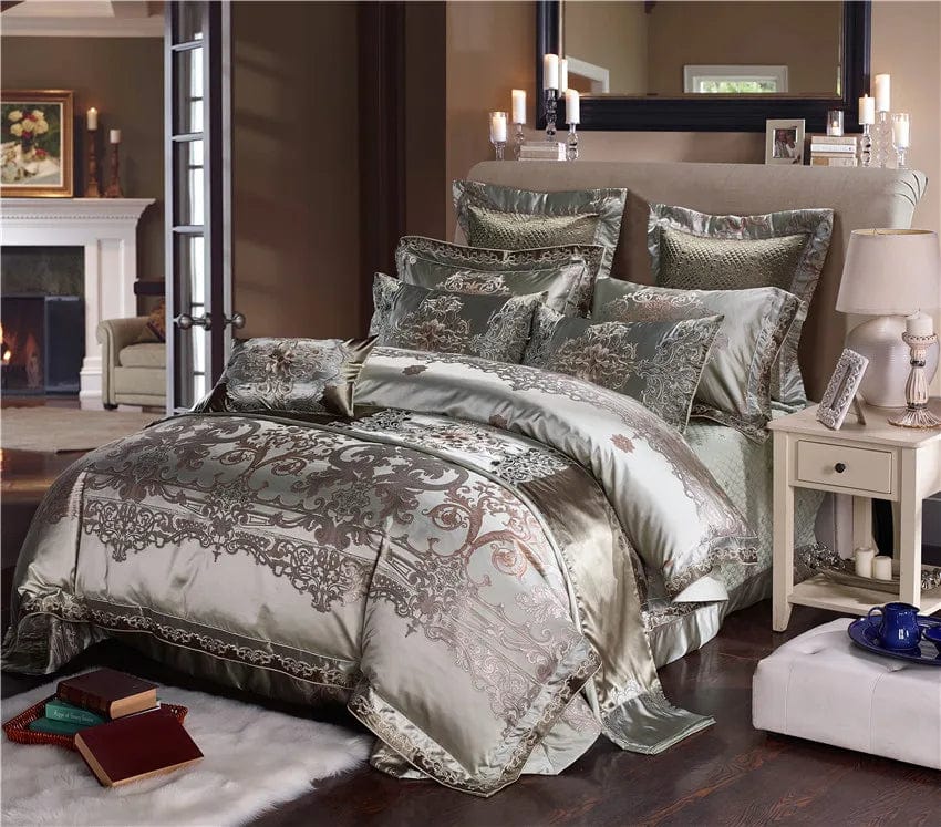 Luxury IvaRose Chic Satin Cotton Duvet Cover Set with embroidered jacquard bedding, queen and king sizes, includes pillowcases and bed sheets.