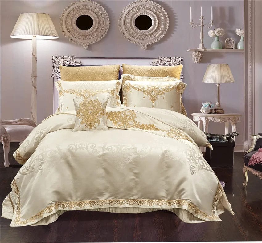 Luxury IvaRose satin cotton duvet cover set with embroidered jacquard bedding, queen size, includes bedsheet and pillowcases