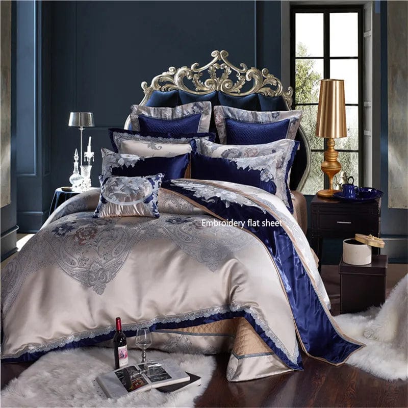 IvaRose Chic Satin Cotton Duvet Cover Set with embroidered jacquard design, queen size bedding including duvet cover and pillowcases