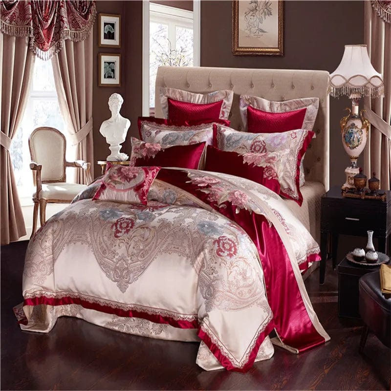 Luxury IvaRose satin cotton duvet cover set with embroidered jacquard bedding, queen and king size bed sheet and pillowcases.