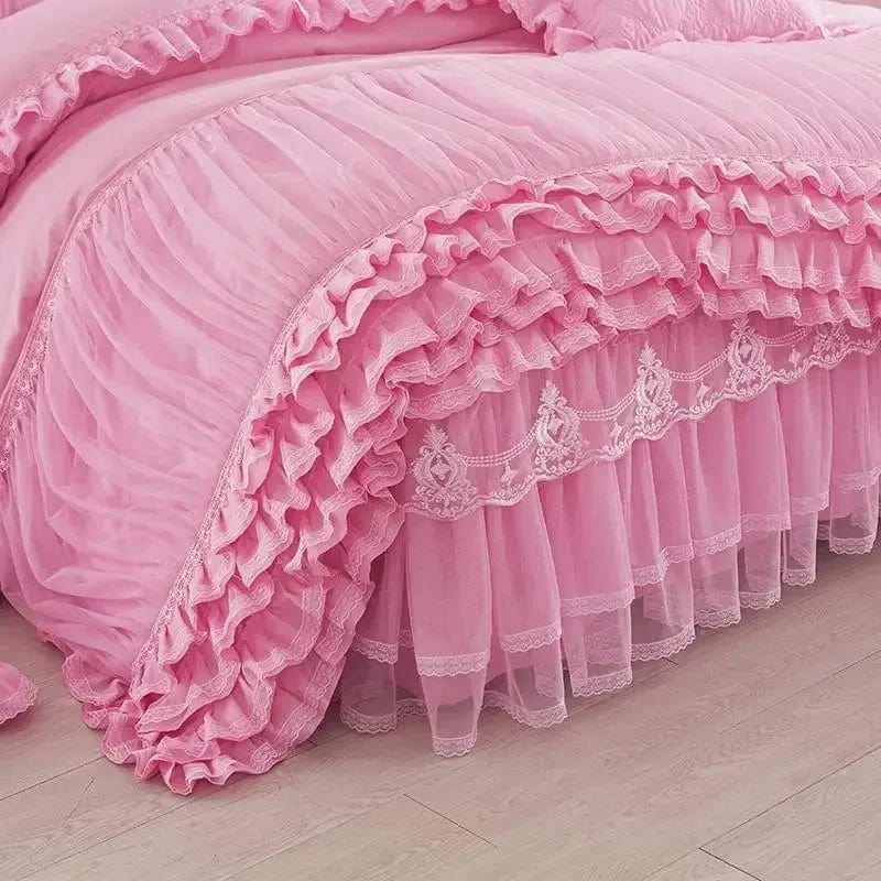 RainFire Lace Edge Cotton Duvet Cover Set by SHOWLU FASHION STORE, 3-piece geometric bedding with lace trim and matching pillowcases.