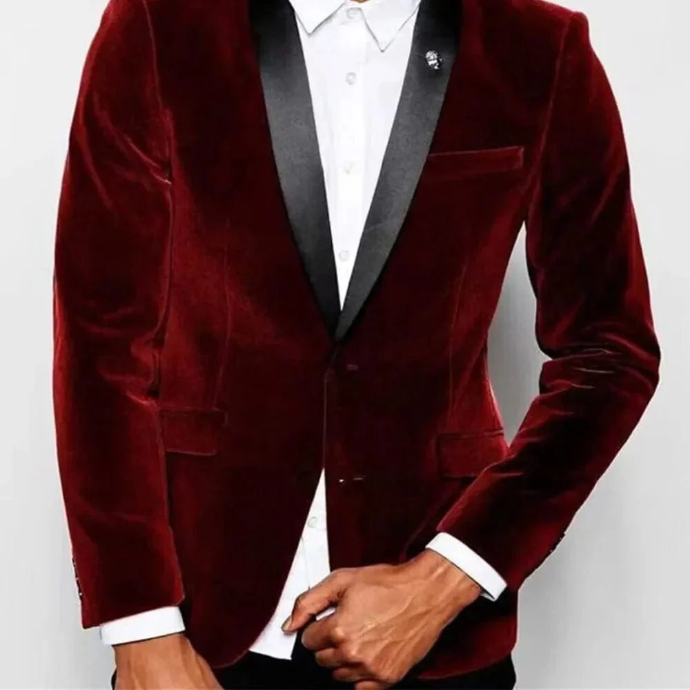 SHOWLU Burgundy Velvet Slim Fit Blazer for men with shawl lapel, perfect for formal weddings and special occasions.