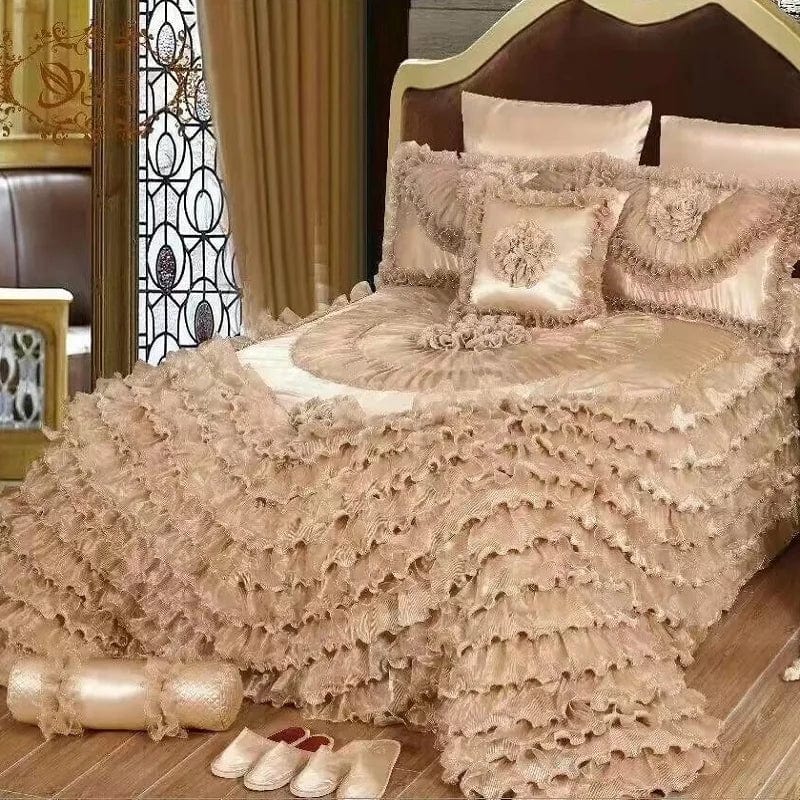 Luxury Champagne Jacquard floral lace bedspread set with matching pillowcases, featuring elegant wedding-style design.
