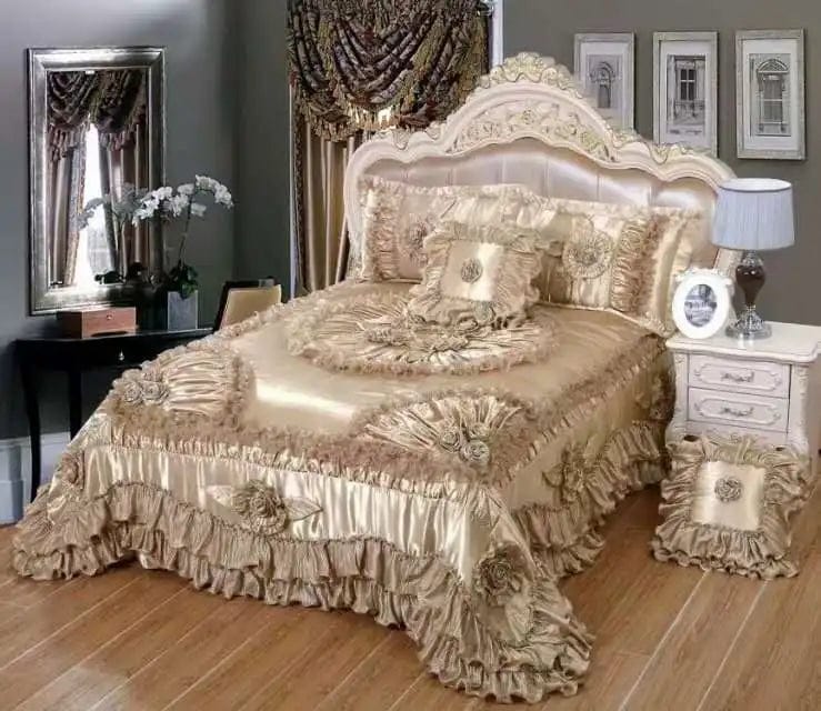 Luxury champagne Jacquard floral lace bedspread set with pillowcases, stylish bed coverlet and bed skirt for elegant bedroom decor.