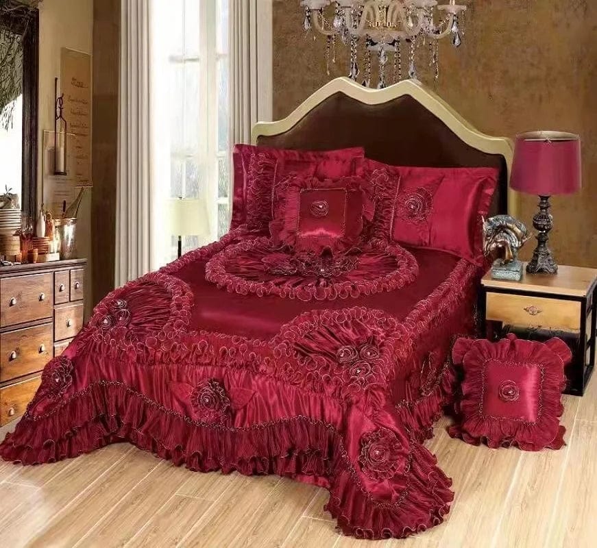 Luxury Champagne Wedding Style Jacquard Stereoscopic Lace Bedspread Bed skirt Bed Shett Coverlet Bed Cover Set Pillowcases - SHOWLU FASHION STORE