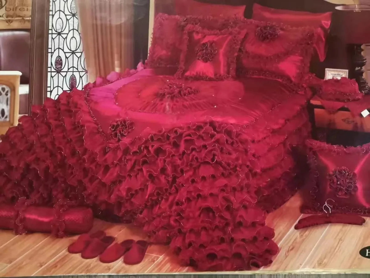 Luxurious Champagne Jacquard Floral Lace Bedspread Set with matching pillowcases, elegant bed coverlet for a romantic bedroom décor
