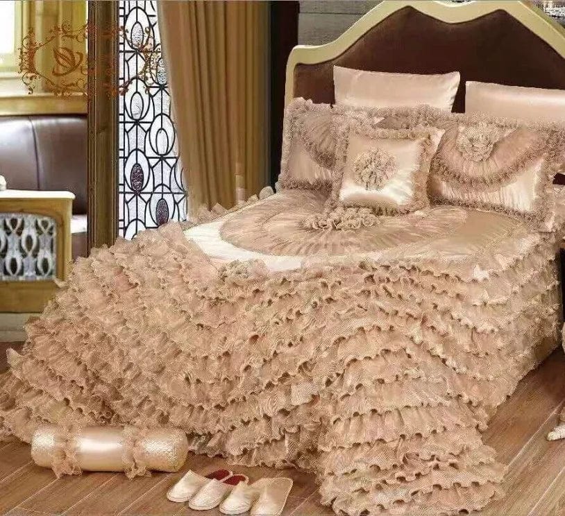 Luxury Champagne Wedding Style Jacquard Stereoscopic Lace Bedspread Bed skirt Bed Shett Coverlet Bed Cover Set Pillowcases - SHOWLU FASHION STORE