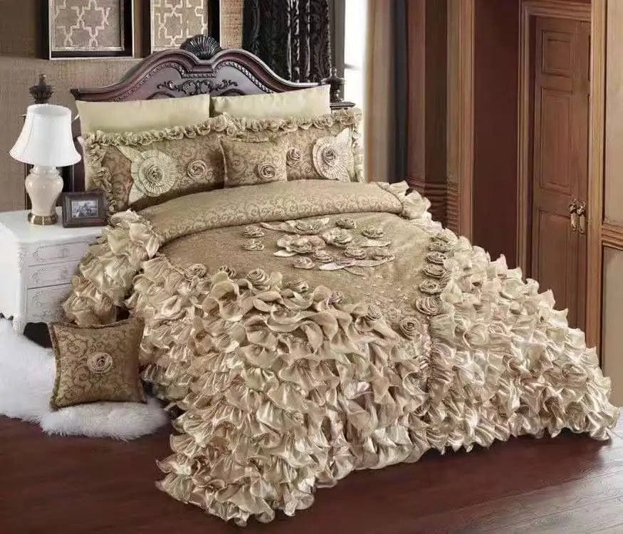 Luxury Champagne Jacquard Floral Lace Bedspread Set with pillowcases, elegant bed coverlet for a sophisticated bedroom decor.