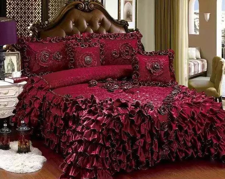 Luxury champagne Jacquard floral lace bedspread set with matching pillowcases, elegant bed coverlet and bed skirt for a sophisticated bedroom.