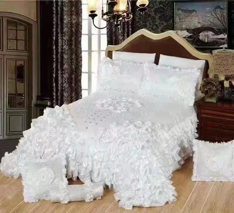 Luxurious Champagne Jacquard floral lace bedspread set with pillowcases, elegant wedding-style bed coverlet from SHOWLU FASHION STORE