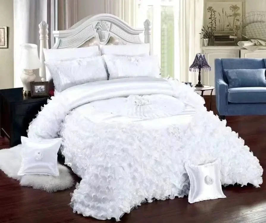 Luxury champagne Jacquard floral lace bedspread set with pillowcases, elegant bed coverlet and bed skirt for a sophisticated bedroom look