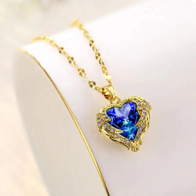 Colorful crystal ocean heart pendant necklace by Showlu, stainless steel jewelry for women, with a delicate chain and elegant design.