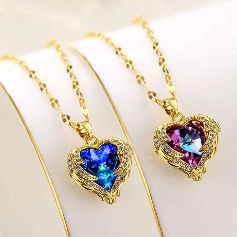 Colorful crystal ocean heart pendant necklace for women, stainless steel jewelry, elegant Korean fashion wedding accessory.