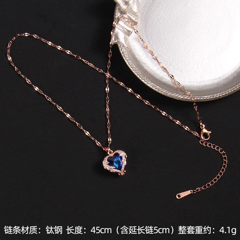 Colorful crystal ocean heart pendant necklace by Showlu Fashion, stainless steel jewelry for women, Korean fashion wedding accessory