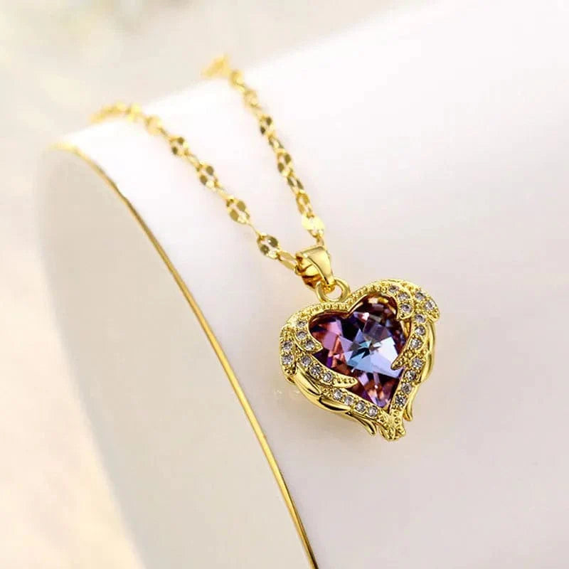 Colorful crystal ocean heart pendant necklace by Showlu Fashion, stainless steel jewelry for women, stylish Korean wedding accessory