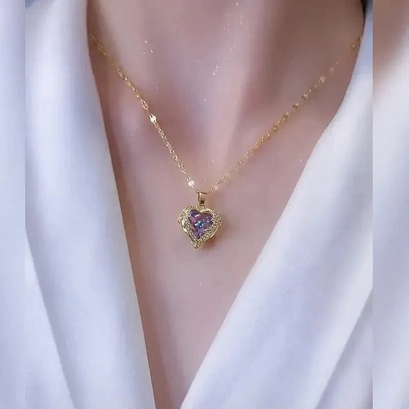 Colorful crystal ocean heart pendant necklace by Showlu Fashion, stainless steel jewelry for women, elegant and stylish for occasions