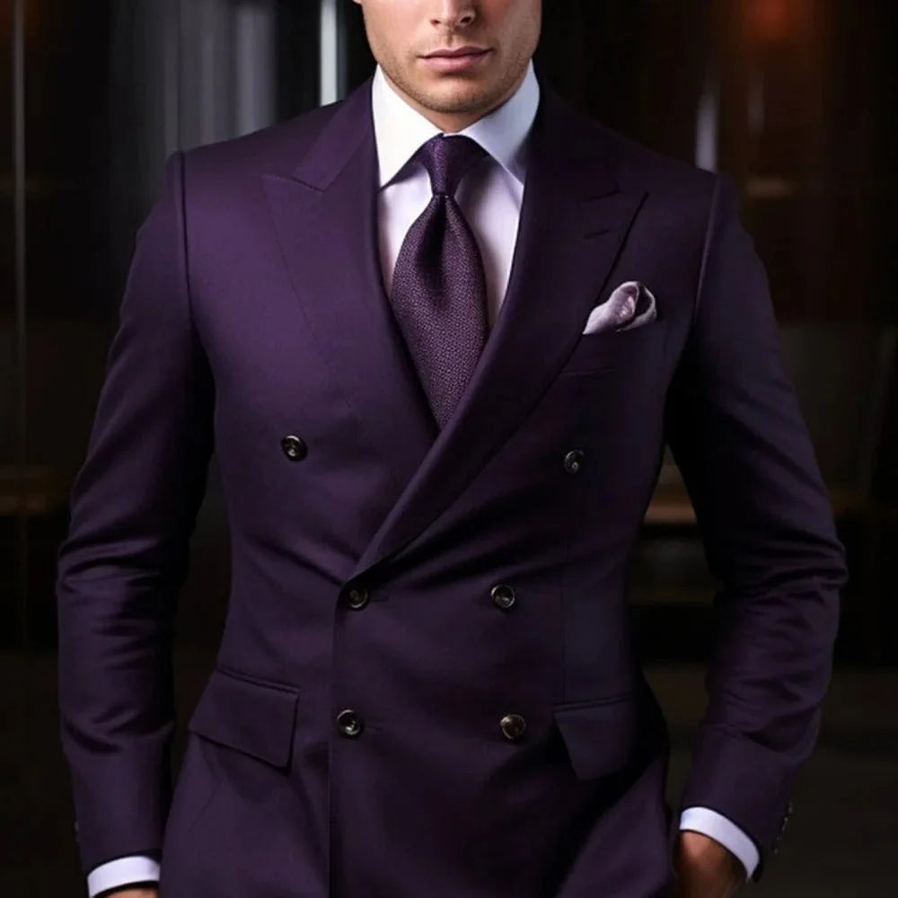 Deep purple double-breasted men's suit by SHOWLU FASHION, featuring slim fit jacket and matching pants, formal wedding attire.