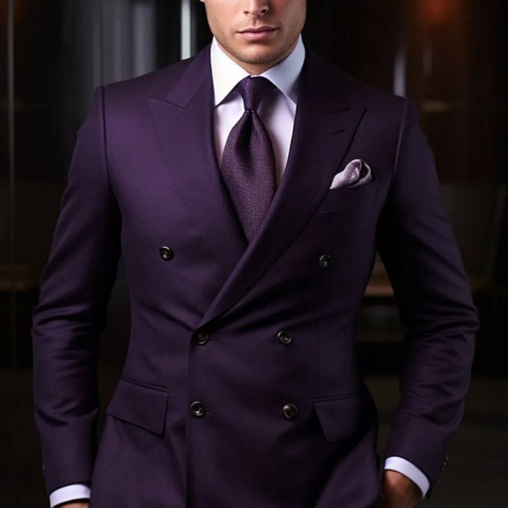 Luxury Deep Purple Suits for Men Double Breasted Peak Lapel High Quality 2 Piece Jacket Pants Sets Formal Wedding Blazer Terno - SHOWLU FASHION STORE
