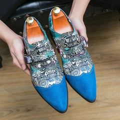 Luxury Designer Male Charm Blue Suede Pattern Patchwork Monk Strap Shoes Men Formal Wedding Prom Dress Prom Loafers Homecoming - SHOWLU FASHION STORE