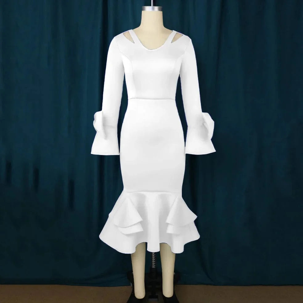 Showlu Fashion Women's V-Neck Mermaid Party Dress with flare sleeves, in white and blue, perfect for special occasions and dinners.