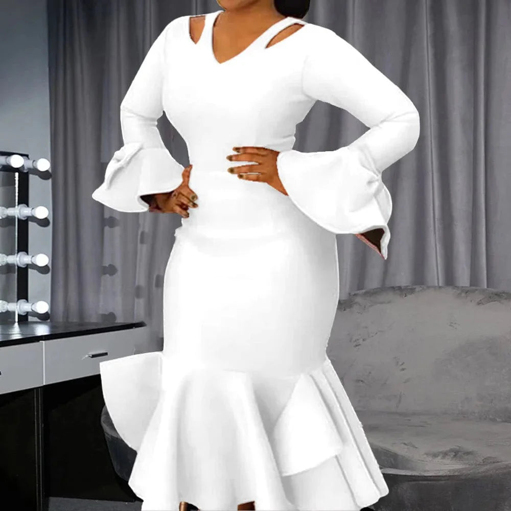 Showlu Fashion women's V-neck mermaid party dress with flare sleeves, mid-calf length, elegant white and blue design.