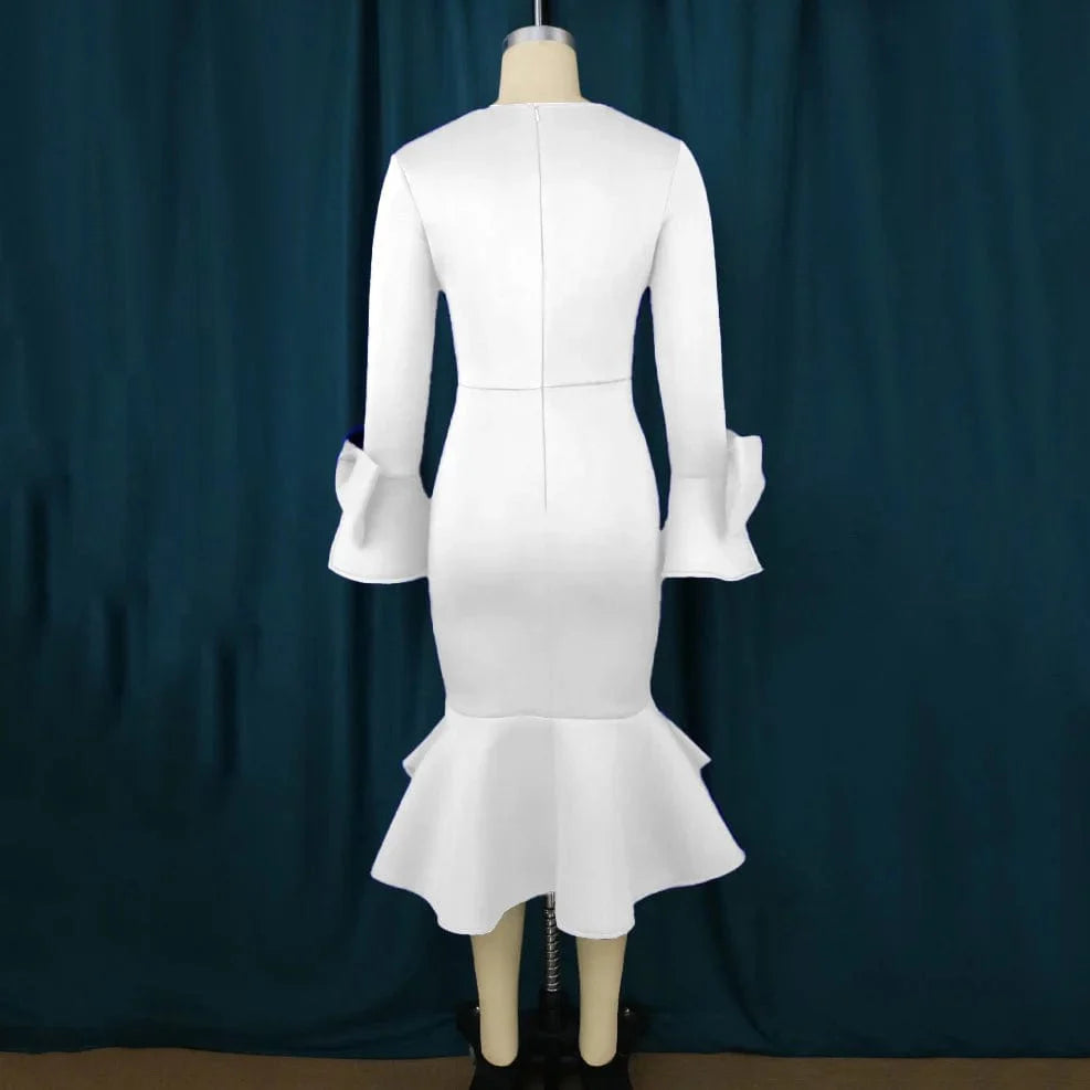 Showlu Fashion women's V-neck mermaid party dress with flare sleeves, mid-calf length, elegant white and blue design, perfect for special occasions.