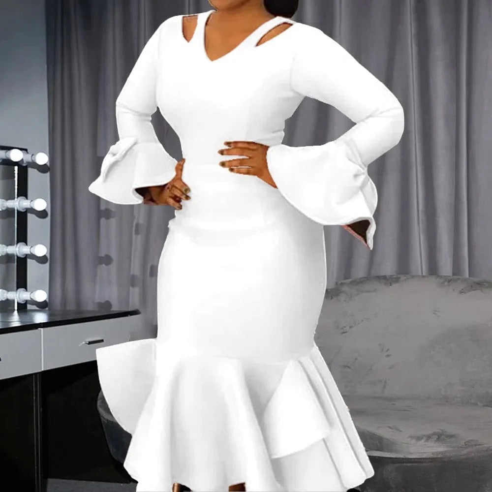 Elegant V-neck mermaid party dress for women with flare sleeves, in white and blue, perfect for birthdays and dinners.