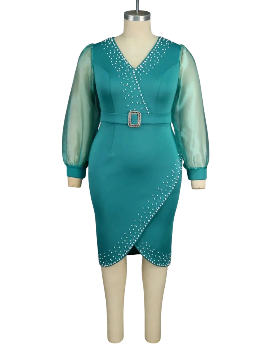 V-neck beaded mesh lantern sleeve evening party dress by SHOWLU FASHION STORE, elegant long-sleeve gown for special occasions.