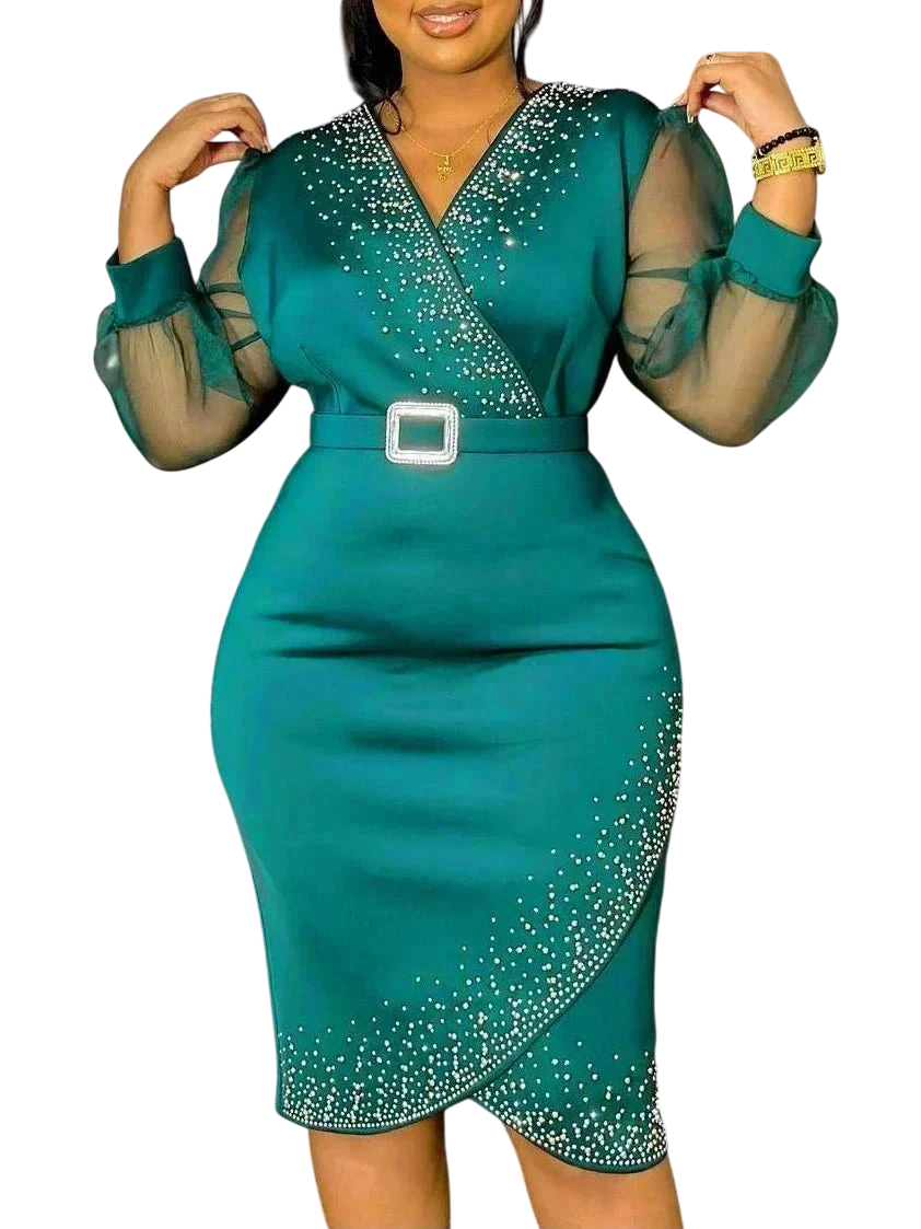 Chamliforve V-neck beaded mesh lantern sleeve evening party dress, elegant long-sleeve gown for women, luxury women's party wear