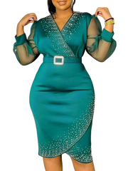A teal midi-length sheath dress with a V-neck, beaded accents, and sheer puff sleeves.
