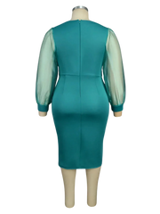 A teal midi-length sheath dress with sheer mesh lantern sleeves shown from the back.